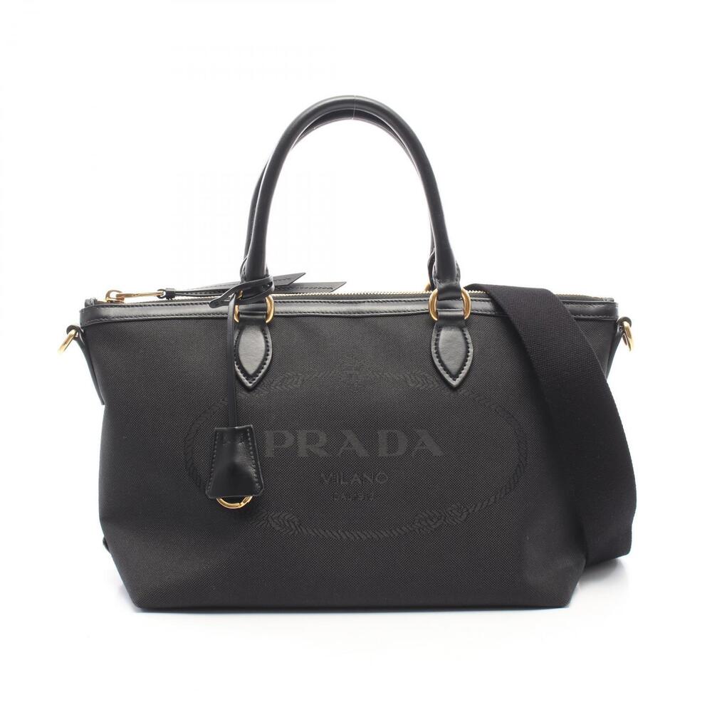 Prada JACQUARD Handbag Canvas Leather Black